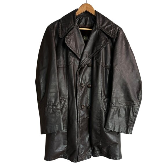 Vtg Sears Men’s Brown Leather Coat Sz 40 | Double Breasted 3/4 Length Lined - Picture 2 of 14